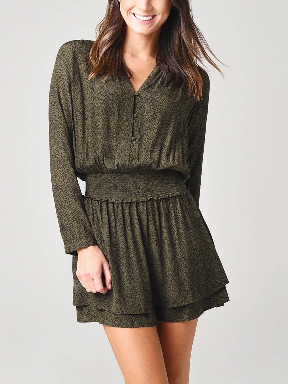 Rails Olive Green Long Sleeve Smocked Waist Tiered Dress
